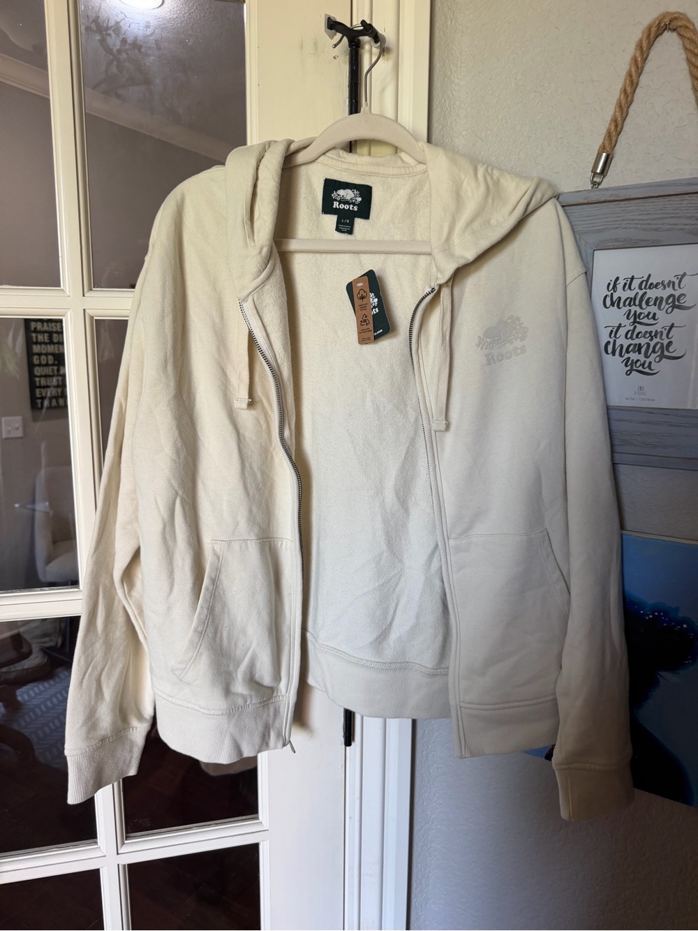 Roots Original Relaxed Full-Zip Hoodie Women’s Large Almond Milk Cream NWT L